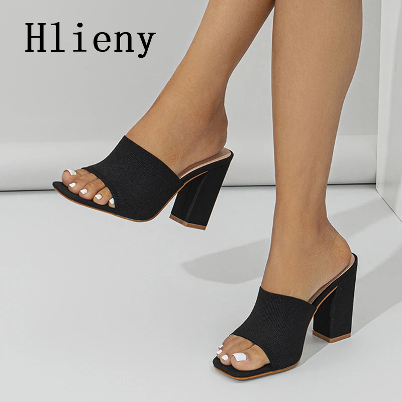 

Hlieny 2023 New Arrival Stretch Fabric Square High Heels Woman Slippers Sexy Street Party Square Toe Dress Slides Summer Shoes