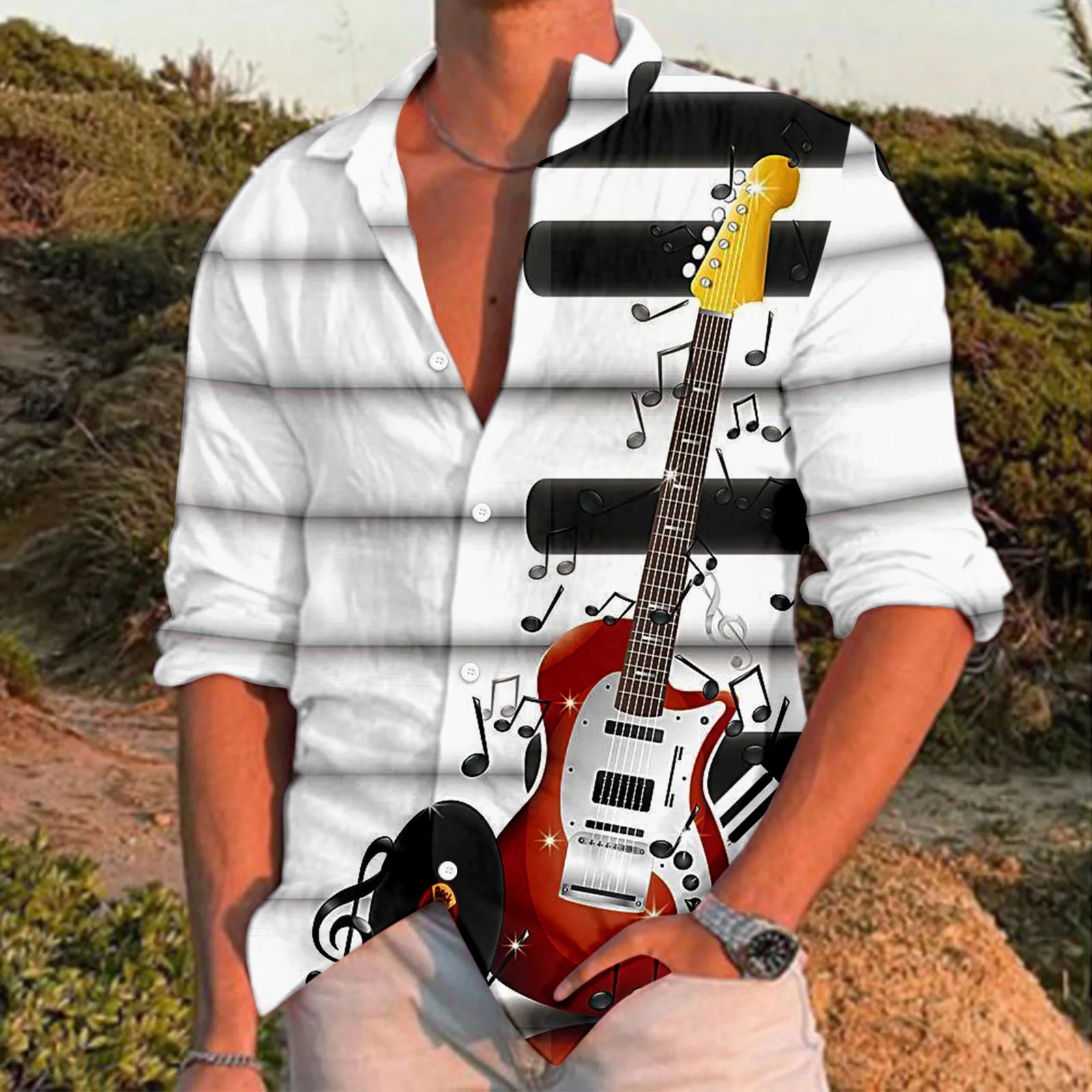 

Мужская Повседневная рубашка с музыкальным принтом, рубашка с длинным рукавом и отложным воротником, футболка с нескользящим рукавом для м...