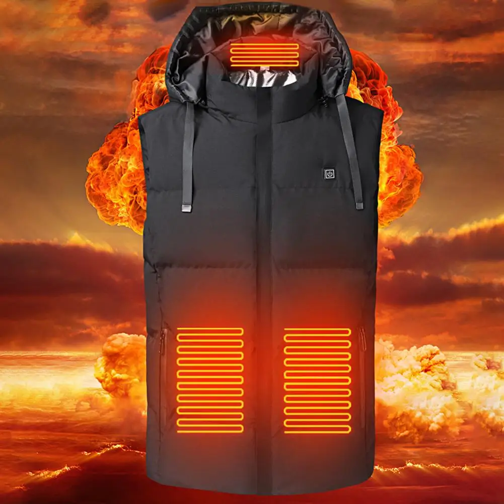 Heated Vest Hooded Stand Collar Energy-saving Long Battery Life Fleece Lining Keep Warm USB-Powered 7 Heating Zones Heated Jacke