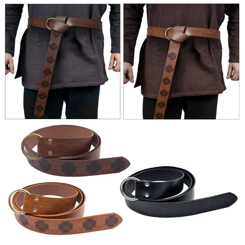 

Medieval Vintage Celtic Belt for Men Knight Belt Embossed PU Leather O-Ring Belt for Viking Cosplays Costume Accessories 69HD