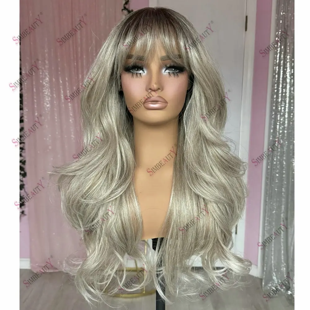 Слегка вьющийся полный парик шнурка человеческие волосы для женщин темные корни