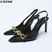 2022 high quality womens shoes black chain trim slingback leather temperament high heels pointed toe stiletto womens shoes