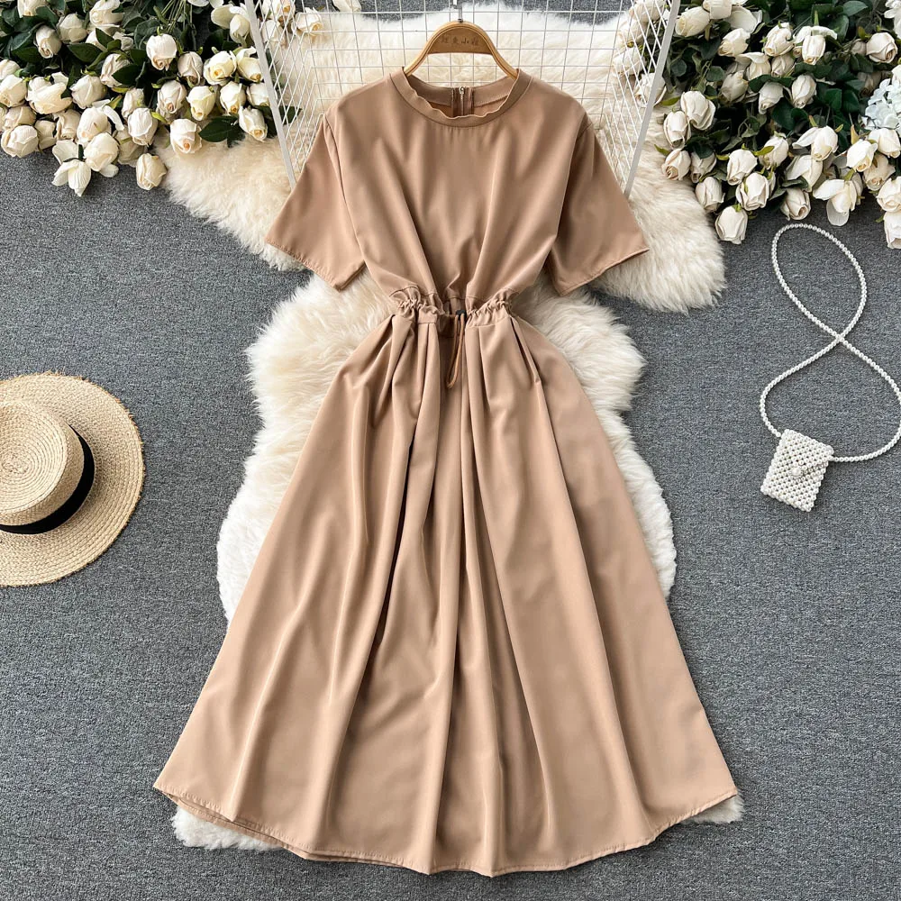 

French Niche Dress Summer Women's Design Sense Niche Literary Small Fresh Waist Was Thin Solid Color Knee Length Skirt Trendy