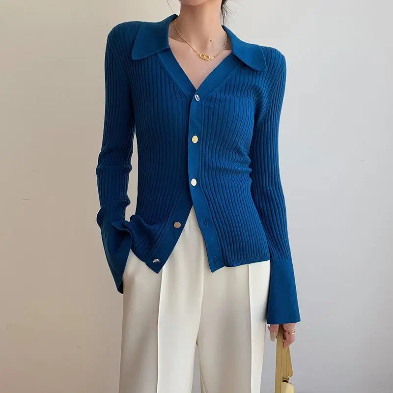 

Корейский синий свитер, женские повседневные топы с отложным воротником, весенний женский кардиган 2023, облегающие вязаные свитера для женщин 2022 XC086