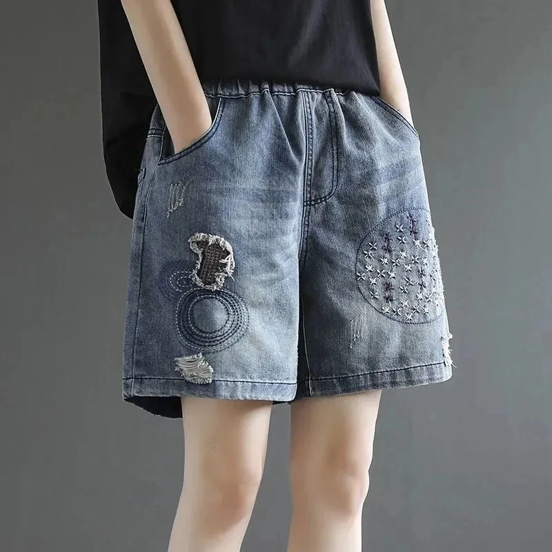 

Women's Clothing Denim Shorts Loose Embroidery Pattern Wide Short Elastic Waist Summer Jeans Vintage Pants Female Baggy Jeans