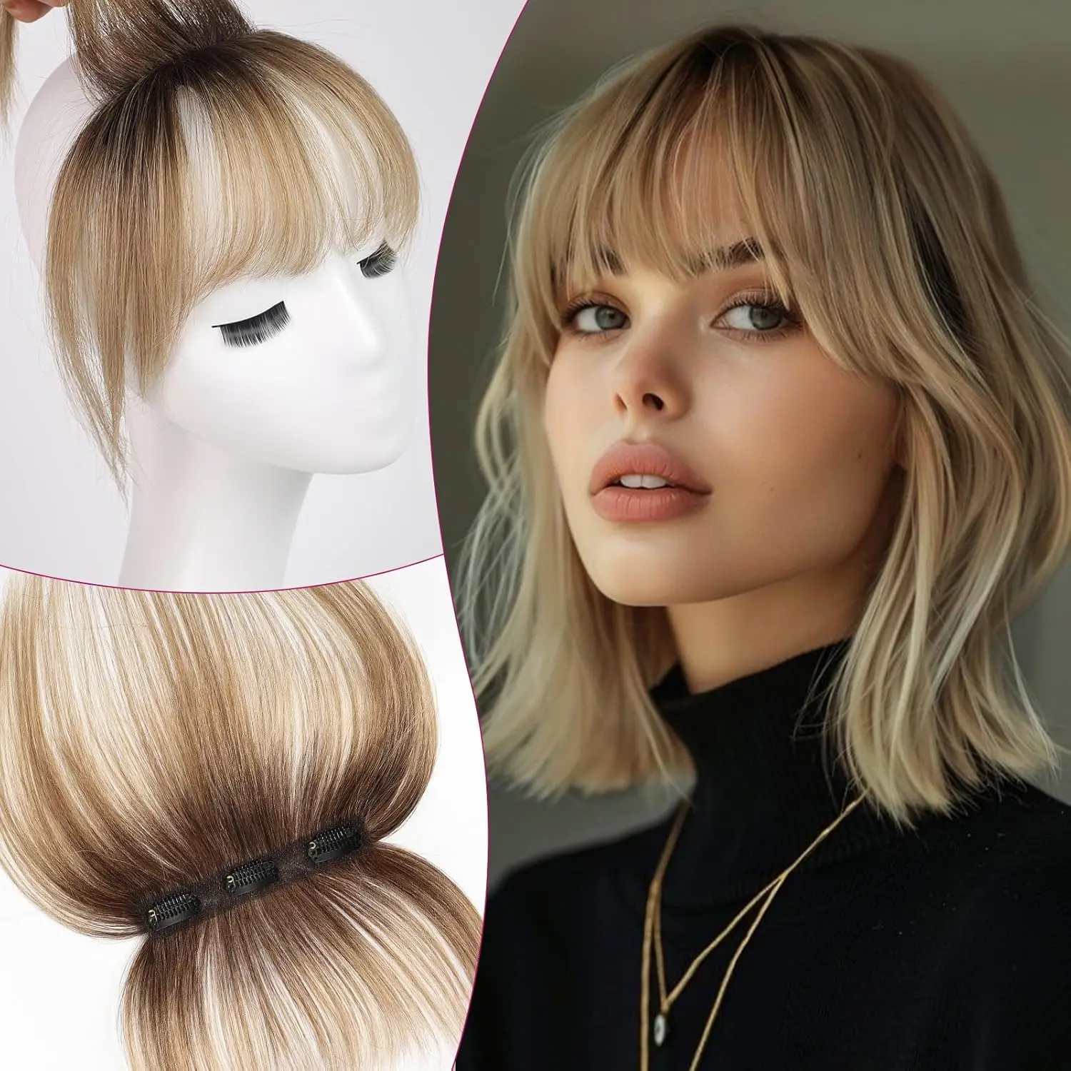 Фото Ombre Brown to Blonde Clip in Bangs 100% настоящая челка из человеческих волос Wispy Bangs Hair Pieces 3 Secure Clips in Full Fringe Fake Bangs №1