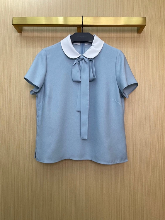 

2022 new women fashion short sleeve colorblock lapel tie knotted neckline top shirt 415