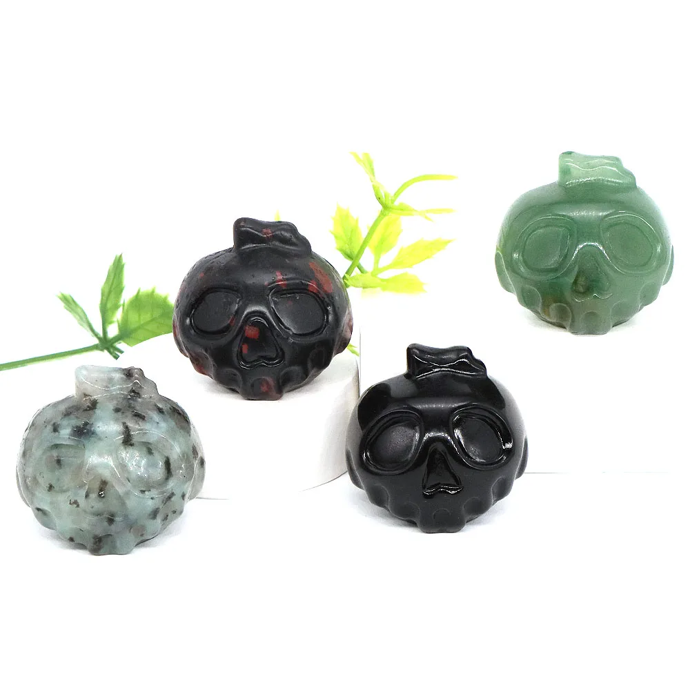 35mm Skull Pumpkin Head Natural Stone Carved Healing Crystals Statue Evil Ghost Monster Eye Ornaments Halloween Home Decorations