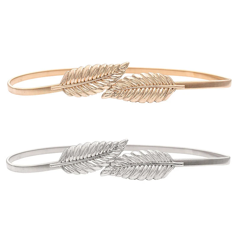 

New 70cm Leaf Shape Thin Belts For Girl Women's Belt Gold Silver Leaf Elastic Metal Stretch High Waist Band Dress Wedding