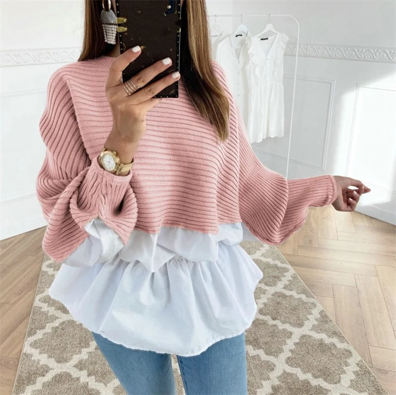 

Woman New Loose Knitted Tops Wool Stitching Four-sided Stretch Long-sleeved Multicolor Lace Pleated Top Vintage Streetwear