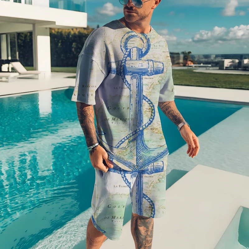 Summer Men's T-shirt Set European and American Alphabet Skull Oversized Suit Trend Casual Beach Style 3D Printing T-shirt Shorts