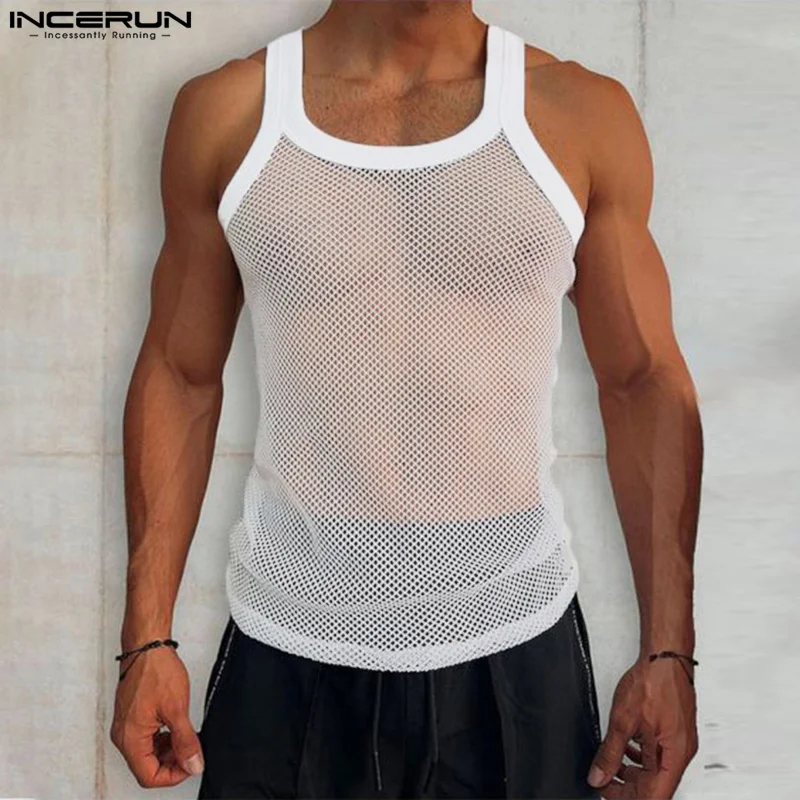 

Men Tank Tops Mesh See Through Sexy O-neck Sleeveless Fitness Vests 2023 Streetwear Summer Stylish Men Clothing S-5XL INCERUN