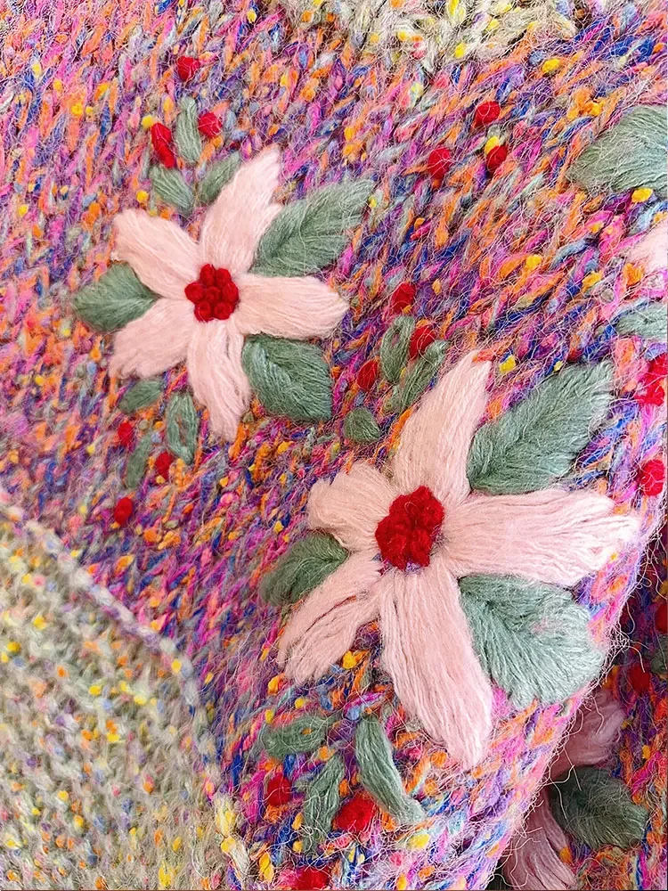 Джемпер с вышивкой крючком и цветком свитер круглым вырезом рукавами-фонариками