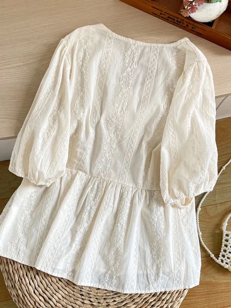 Топ из хлопка и льна с коротким рукавом Женская модная рубашка в западном стиле