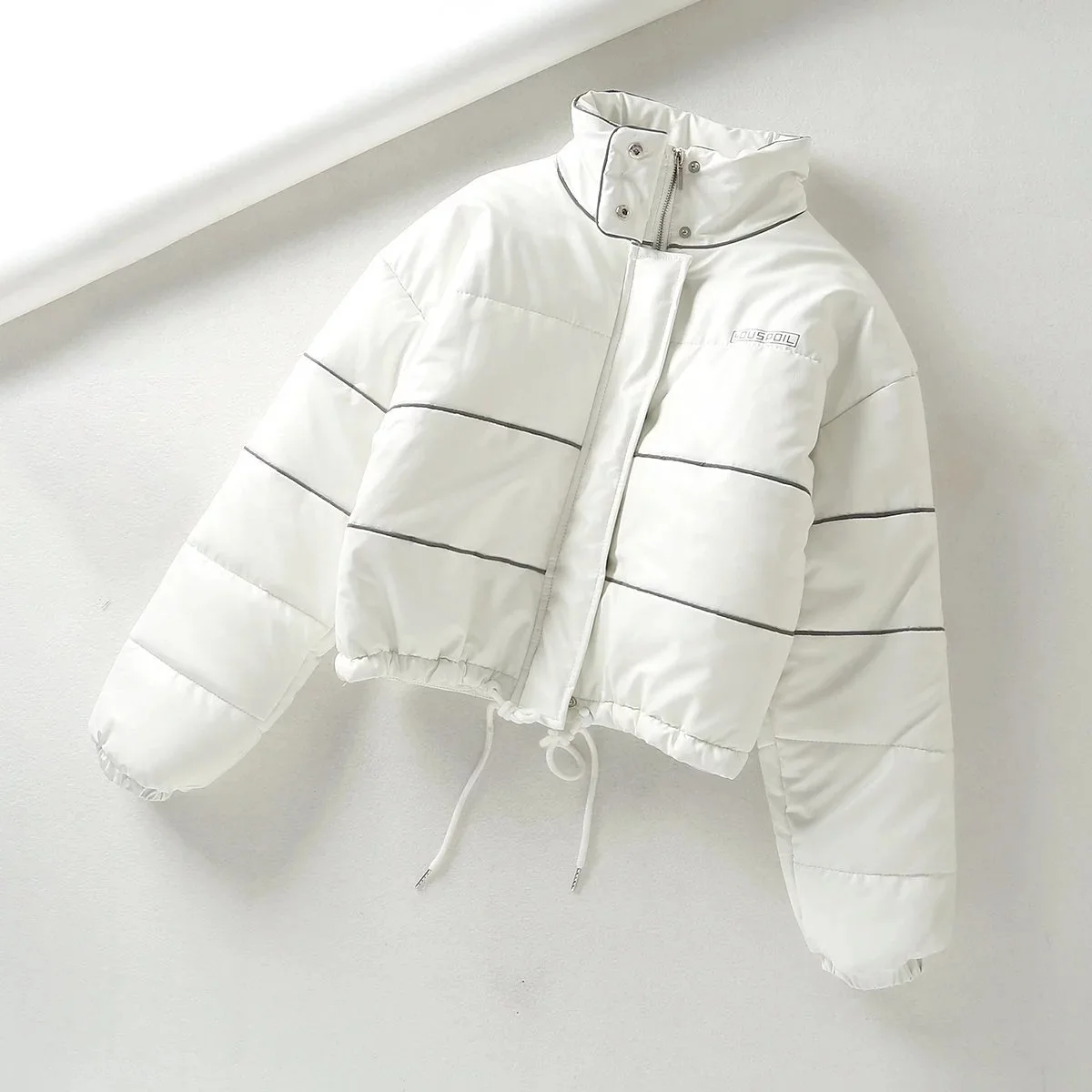 Winter New Womens Short Cotton Jacket Stand Collar Bread Jacket Reflective Strip Cotton Jacket Women
