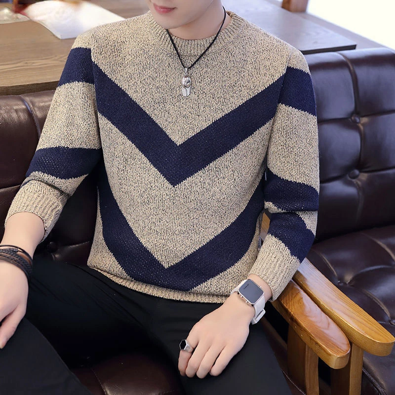 

Мужской свитер, осень 2022, мужские пуловеры с длинным рукавом, верхняя одежда, модный полосатый свитер с круглым вырезом, облегающие вязаные ...