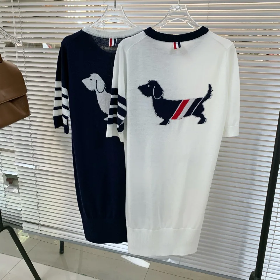 

High Quality Korean Fashion TB Dachshund Dog Dress Spring/Summer New Thin Wool Blend Dog Pattern Jacquard Long Dress Children