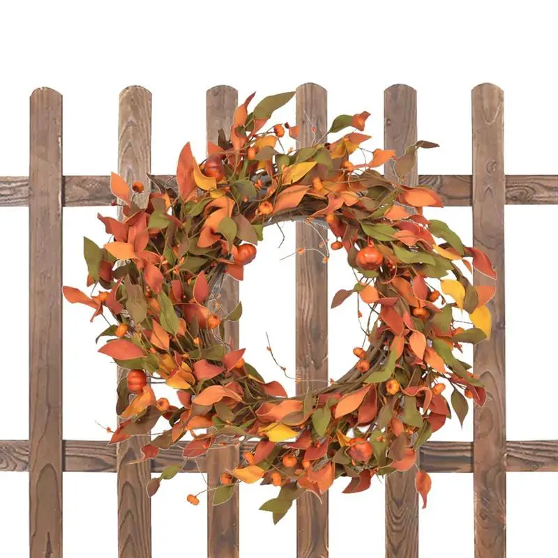 

Венок на Хэллоуин, декор в виде тыквы, 50 см, искусственные осенние/осенние венки для входной двери, листья, ягоды, шиньоны, венок на День Благодарения