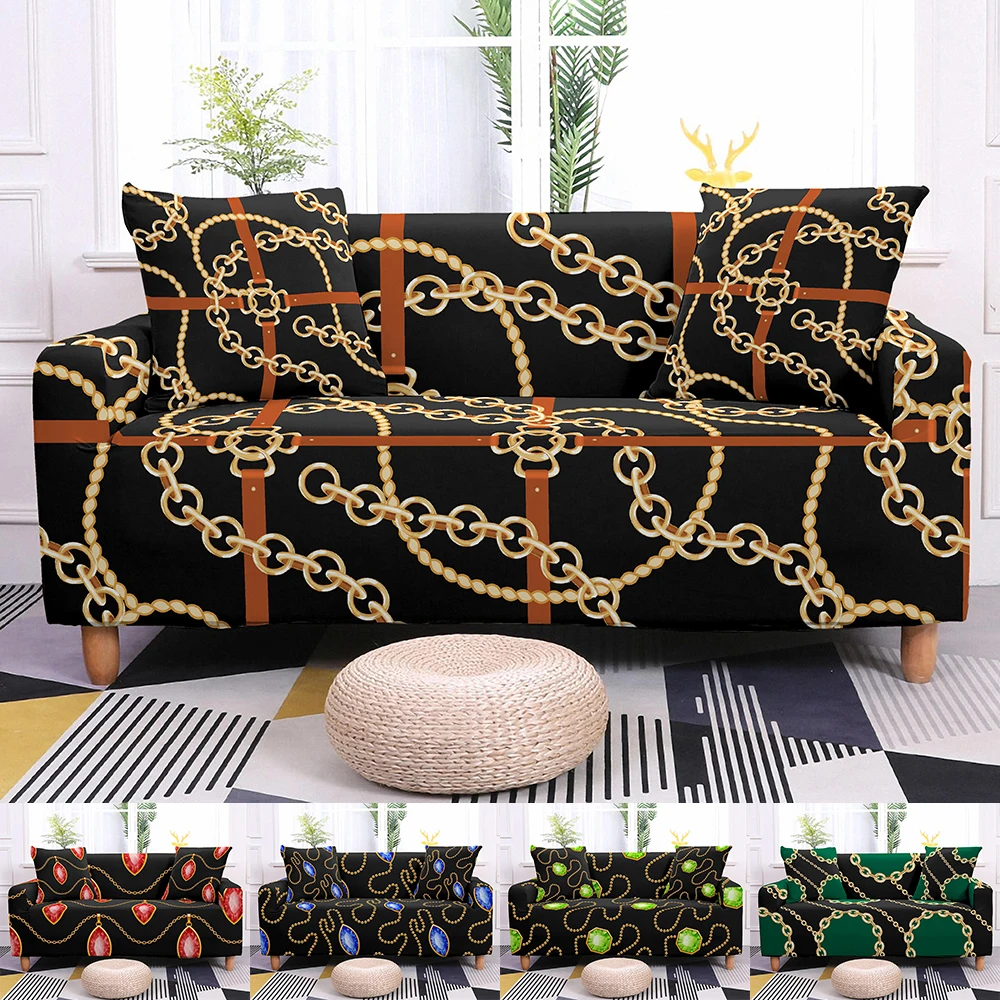 

Gold Chain Pattern Sofa Cover Elastic Sofa Slipcover For Living Room Anti-dust Stretch Couch Covers All-inclusive Sofa Protector