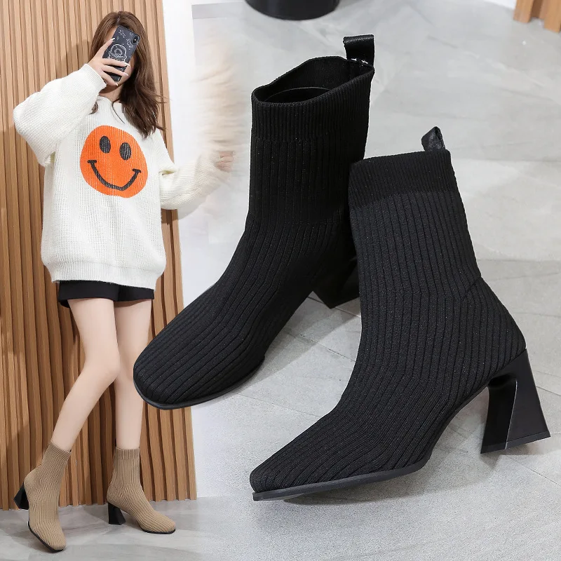 

Новинка, женские вязаные ботинки-носки, модная эластичная женская обувь на высоком каблуке, ботильоны, женские короткие ботинки на массивно...