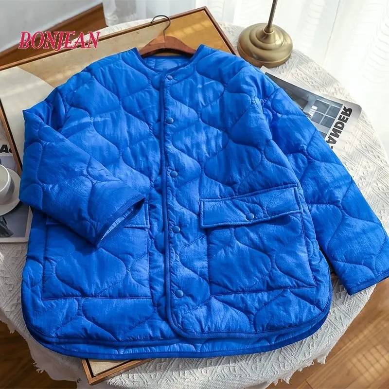 2022 Winter Fashion Rhombus Button Blue Parka Suit Loose Causal Warm Cotton Long Sleeve Parka Jakcet O Neck Parkas Korean Style