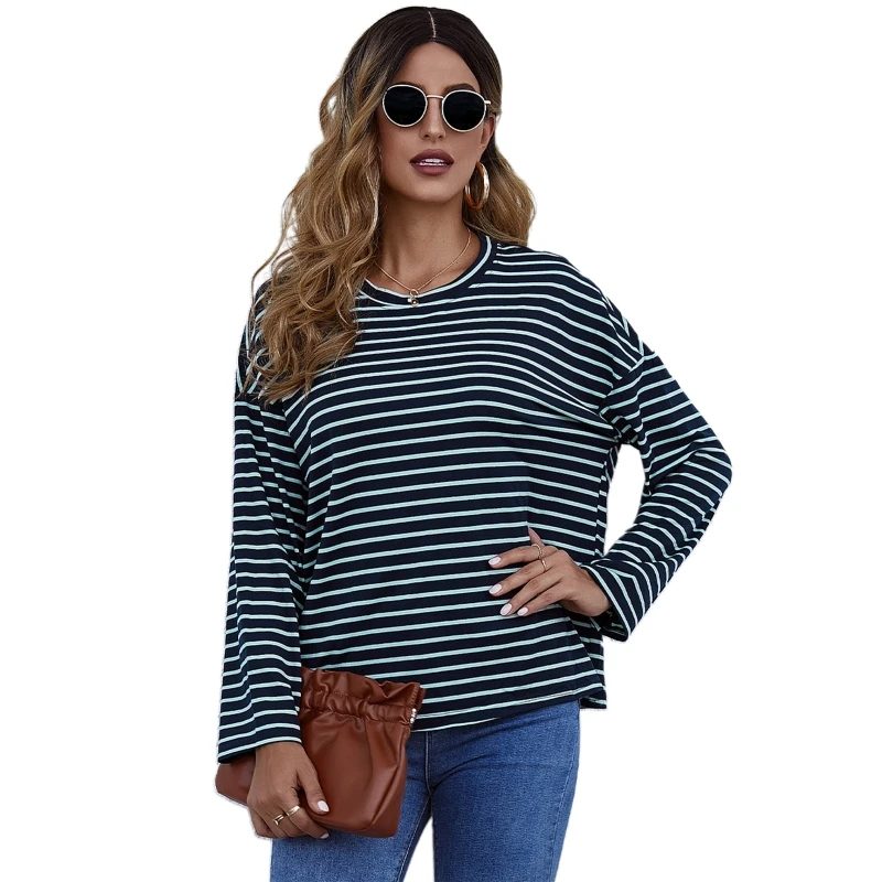

Женские футболки с длинным рукавом и круглым вырезом, футболка контрастных цветов в горизонтальную полоску, свободная блузка, пуловер овер...