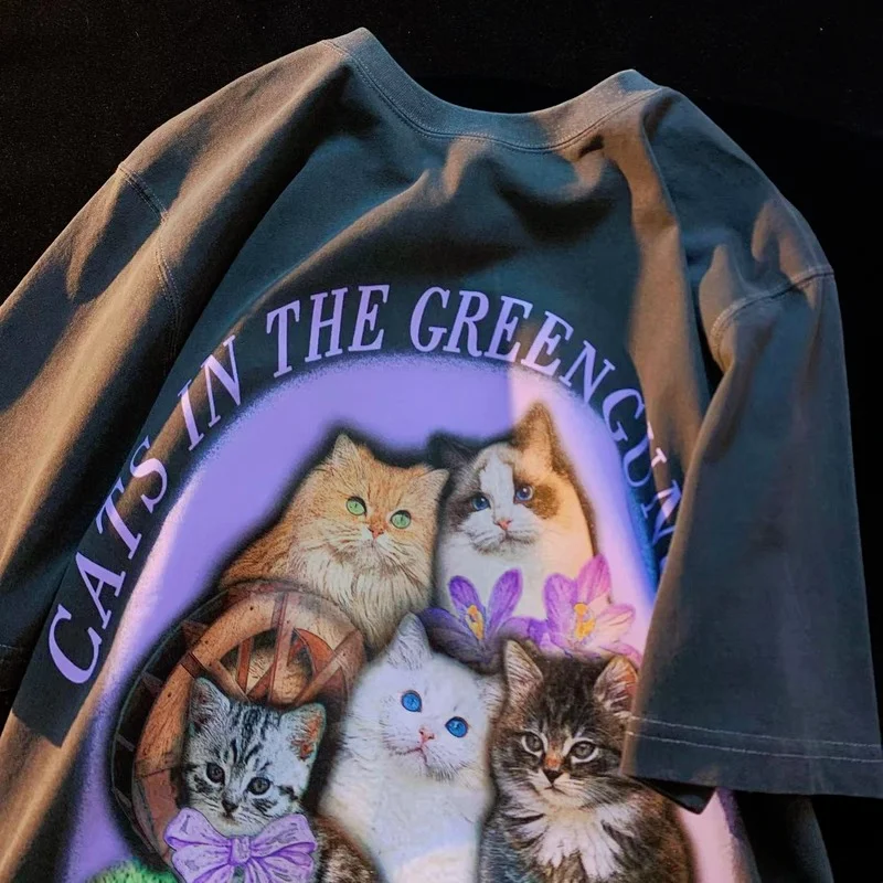 

Женские топы 2022, ретро футболки с милым принтом кошек и коротким рукавом, свободные универсальные топы, женские футболки