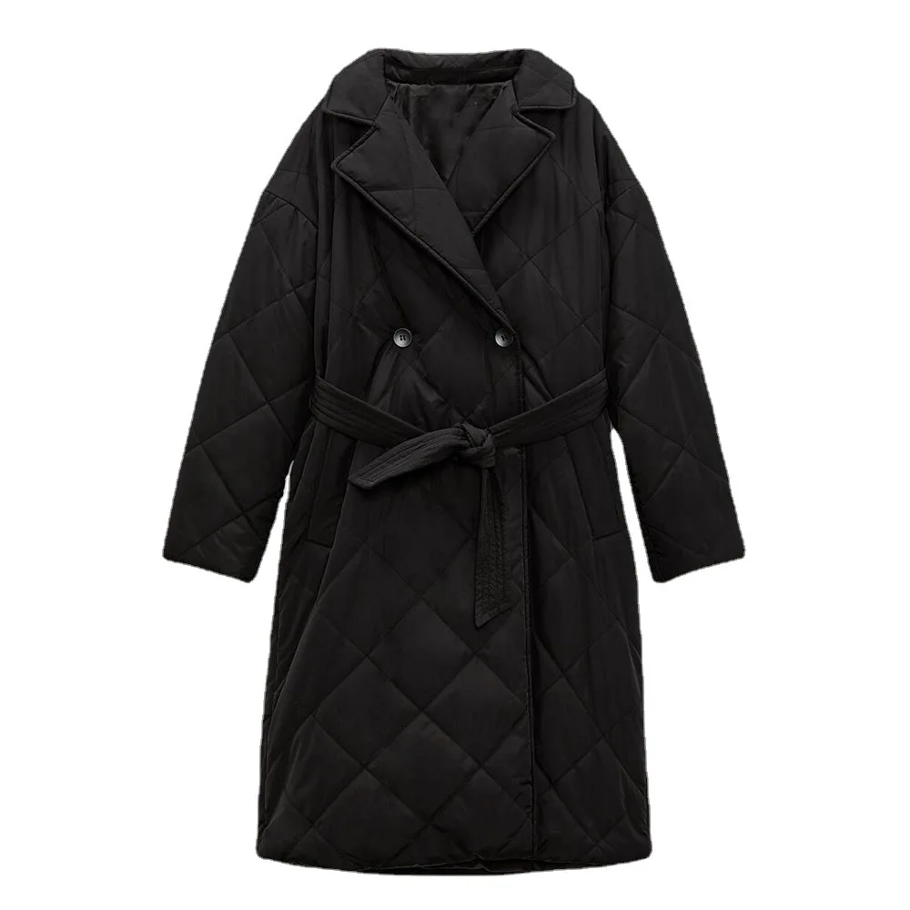 

Lapel Autumn New Long Black Loose Belt Cotton-padded Jacket Women