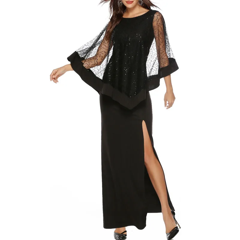 Sequined Patchwork Slim Black Formal Evening Dresses Women Fashion Elegant High Wait Slit Cocktail Vestido Prom Robe
