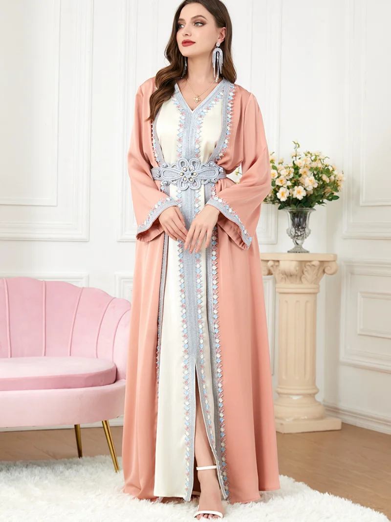 

Moroccan Women's Dress 2023 Elegant Muslim 2 Pieces Set Floral Embroidery Guipure Lace Tape Belted Kaftan Happy Eid Mubarak