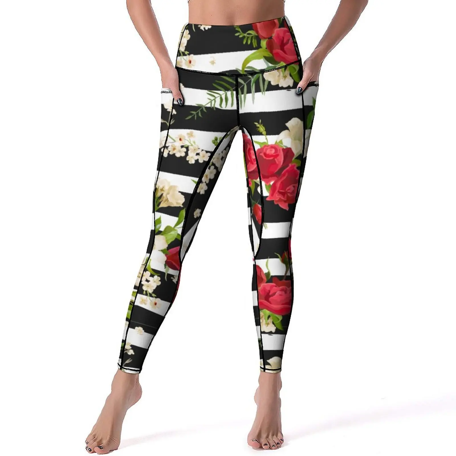 

Floral Trendy Leggings Black And White Stripes High Waist Yoga Pants Retro Stretchy Yoga Legging Women Printed Gym Sports Tights