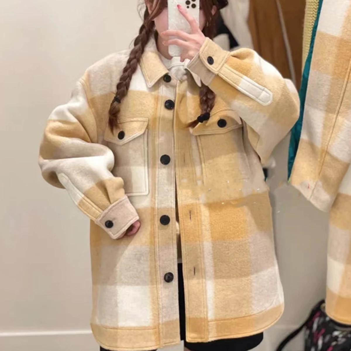 

Женское шерстяное пальто в клетку, с отложным воротником и длинным рукавом