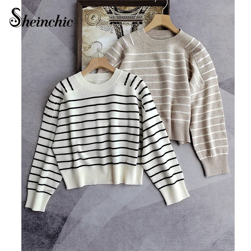 

Женский свитер в полоску, повседневный свободный трикотажный пуловер с круглым вырезом и длинным рукавом, 100% шерсть, в Корейском стиле, 2023