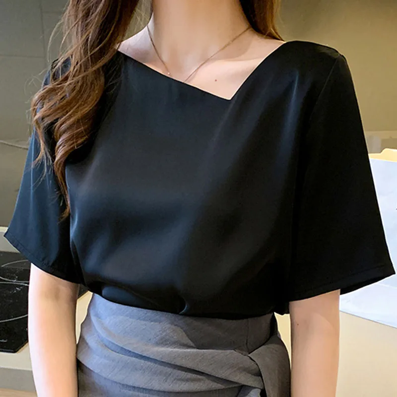 

Korean Fashion Women Clothing 2022 Short Sleeve Chiffon White Black Apricot Color Ladies Tops and Blouses Blusas Shirts 2868