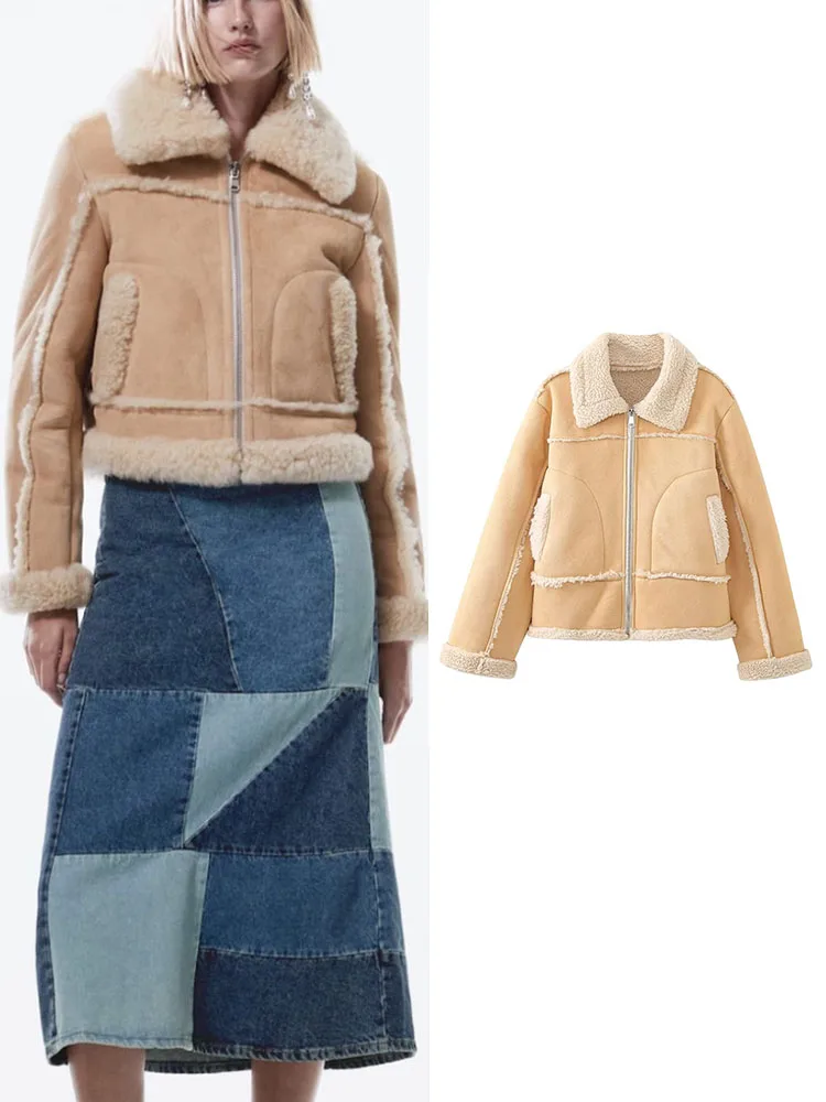 

Кожаная меховая интегрированная куртка из овечьей кожи TRAF, новинка зимнего сезона 2023, утепленные короткие пальто с длинным рукавом, модные пальто с лацканами