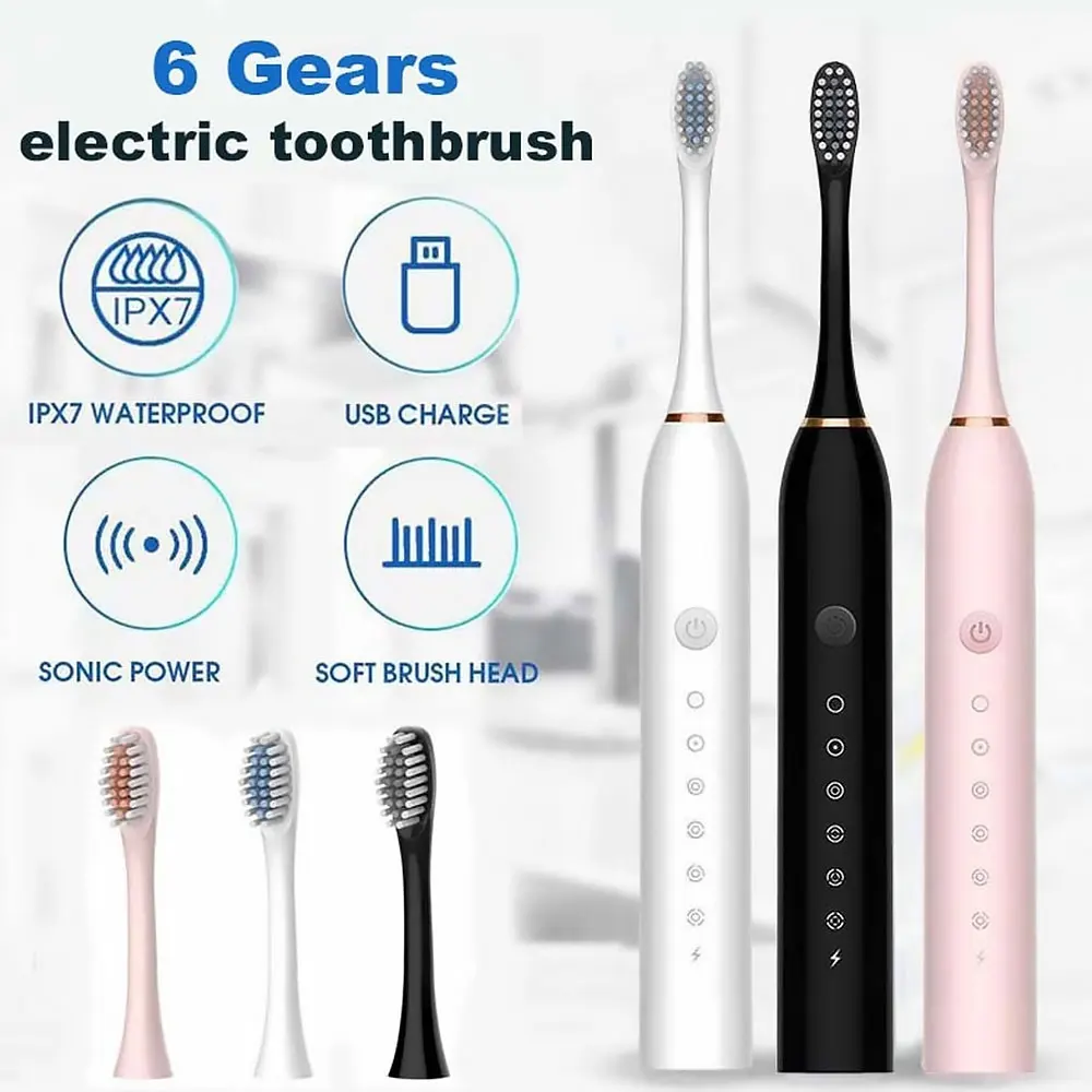 

Adult Ultrasonic Electric Waterproof Toothbrush with 4 Brushes Replacement Heads USB Rechargeable Timer Tooth Brush 6 Modes
