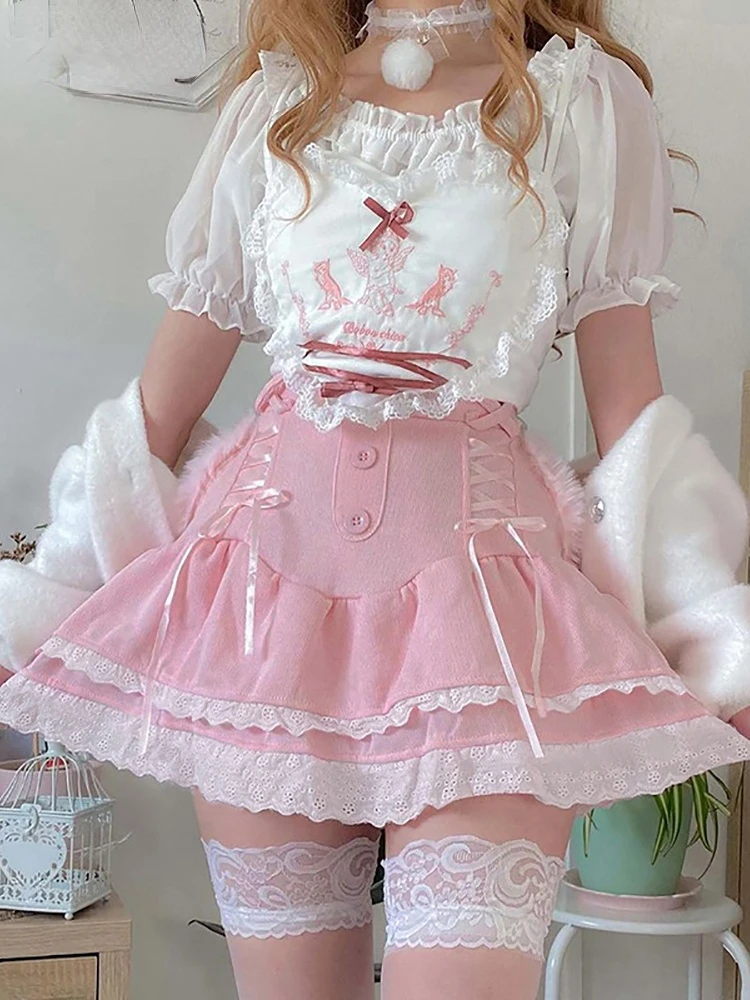 

Soft Girl Cute Pastel Gothic Mini Skirts Harajuku Lolita Style Sweet Pink Women Skirt Pleated Lace Trim Bandage Bottom