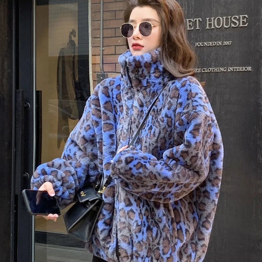 Winter warm blue leopard lamb plush coat Women korean loose turtleneck Fluffy faux fur coat thick jackets