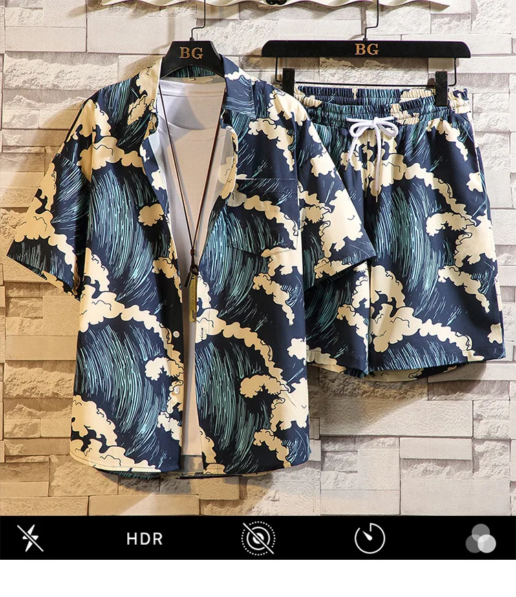2023 New Men's Casual Set Summer Fashion Printing Short Sleeve Shirt Shorts Two Piece Set men clothing