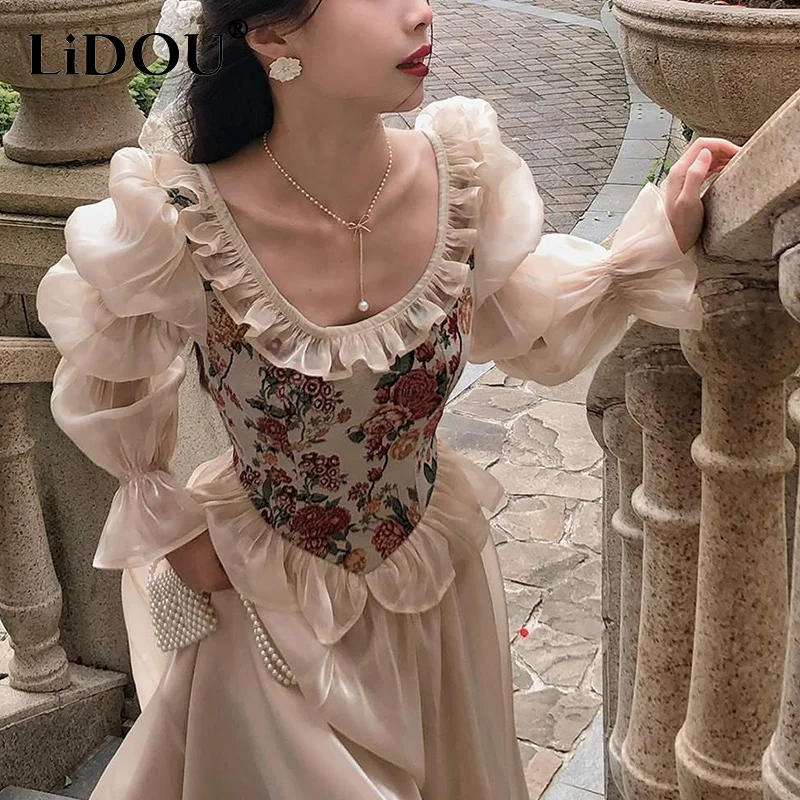 

Spring Summer Vintage Fashion Printed Patchwork Princess Dress Female Puff Long Sleeve Ruffles Sweet Dresses Lady Elegant Robe