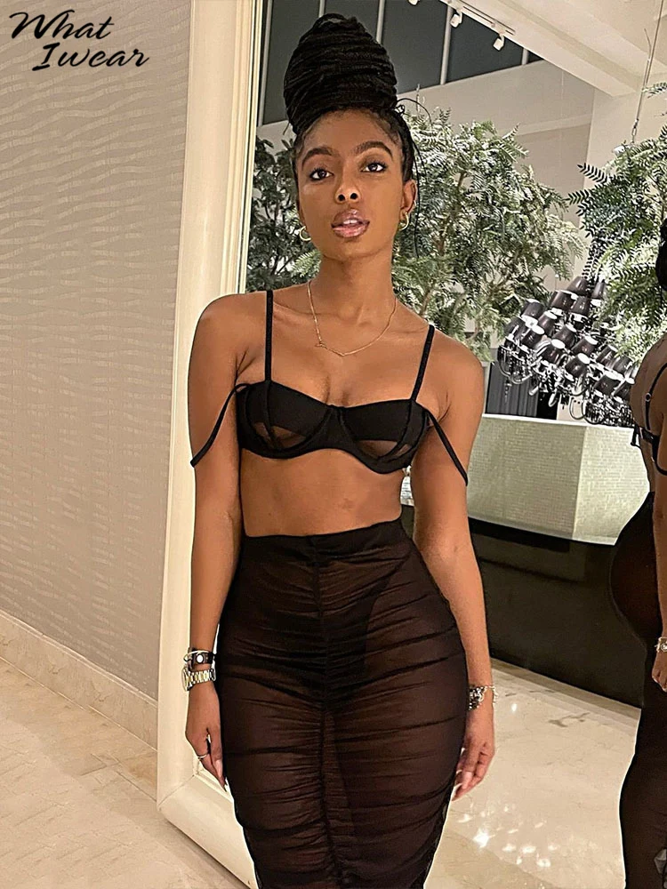 

Mesh Two Piece Set Women Summer Sexy Wrapped Camisole+Bodycon See Through Pleated Skirt Maching Dress Suit Girl Clubwear