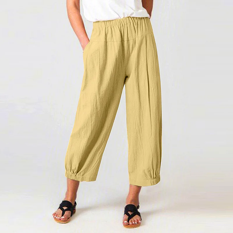 

Women Cotton Linen Pants Loose Comfort Elastic Waist Harem Pants Vintage Solid Casual Pockets Wide Leg Trousers Cropped Pants