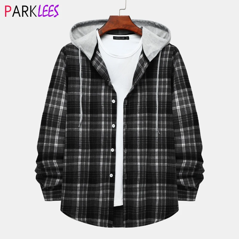 

Fashion Hooded Plaid Flannel Shirt Men Youth Brand Long Sleeve Checked Top Shirts Mens Lightweight Button Down Chemise Homme 3XL