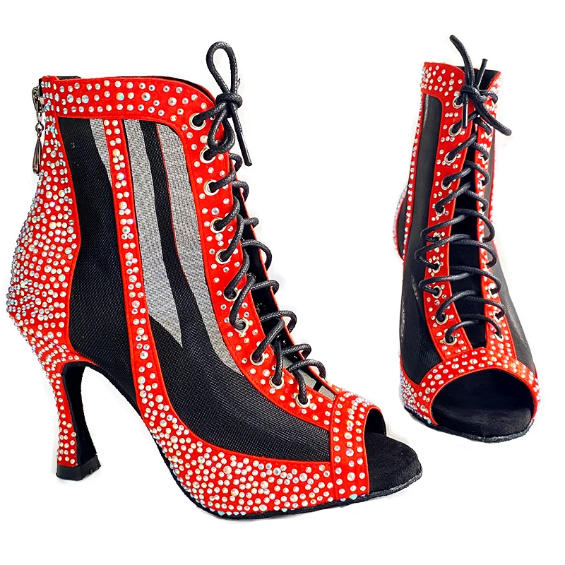 Indoor Dance Shoes Red Satin Rhinestones Ballroom Latin Dance Shoes Suede Outsole Cuban Heel 9cm Heel Bachata Salsa Party Shoes