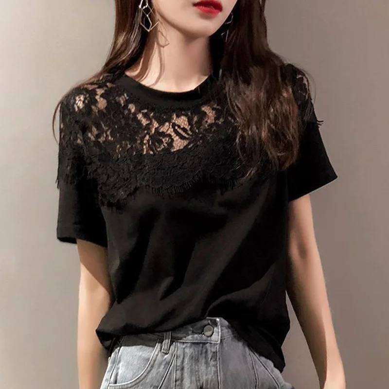 Fashion Solid Color Spliced Loose Hollow Ou Lace Blouse Female Clothing 2023 Summer New Casual Pullovers All-match Commute Shirt