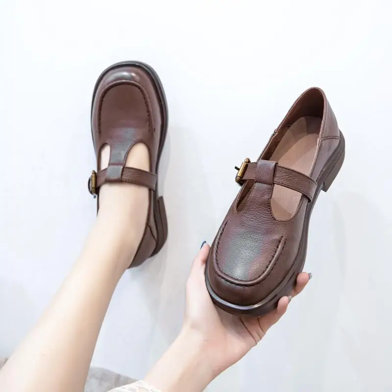 

2022Spring New Genuine Leather Women's Leather Shoes Mary Jane Flat Shoes Retro British Style Soft Sole Single Shoe High Quality