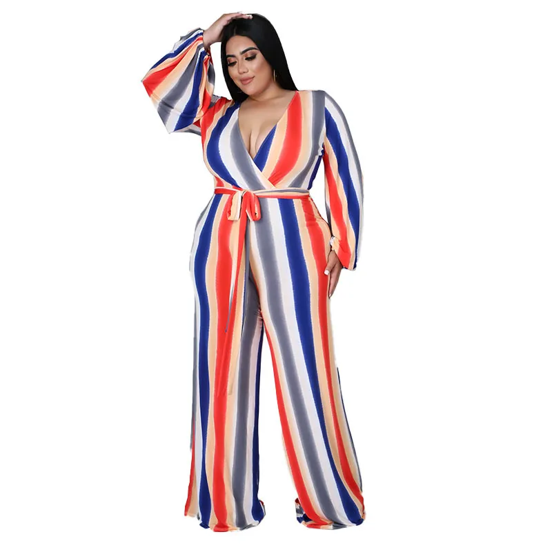 

African Long Sleeve Jumpsuit Fashion Striped Rompers Loose Straight Pants Sexy Ladies Casual Trousers Spring African Clothing