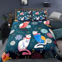Cat Flowers King Queen Duvet Cover Cartoon Kitty Floral Bedding Set for Kids Lovely Animals Black 2/3pcs Polyester Quilt Cover