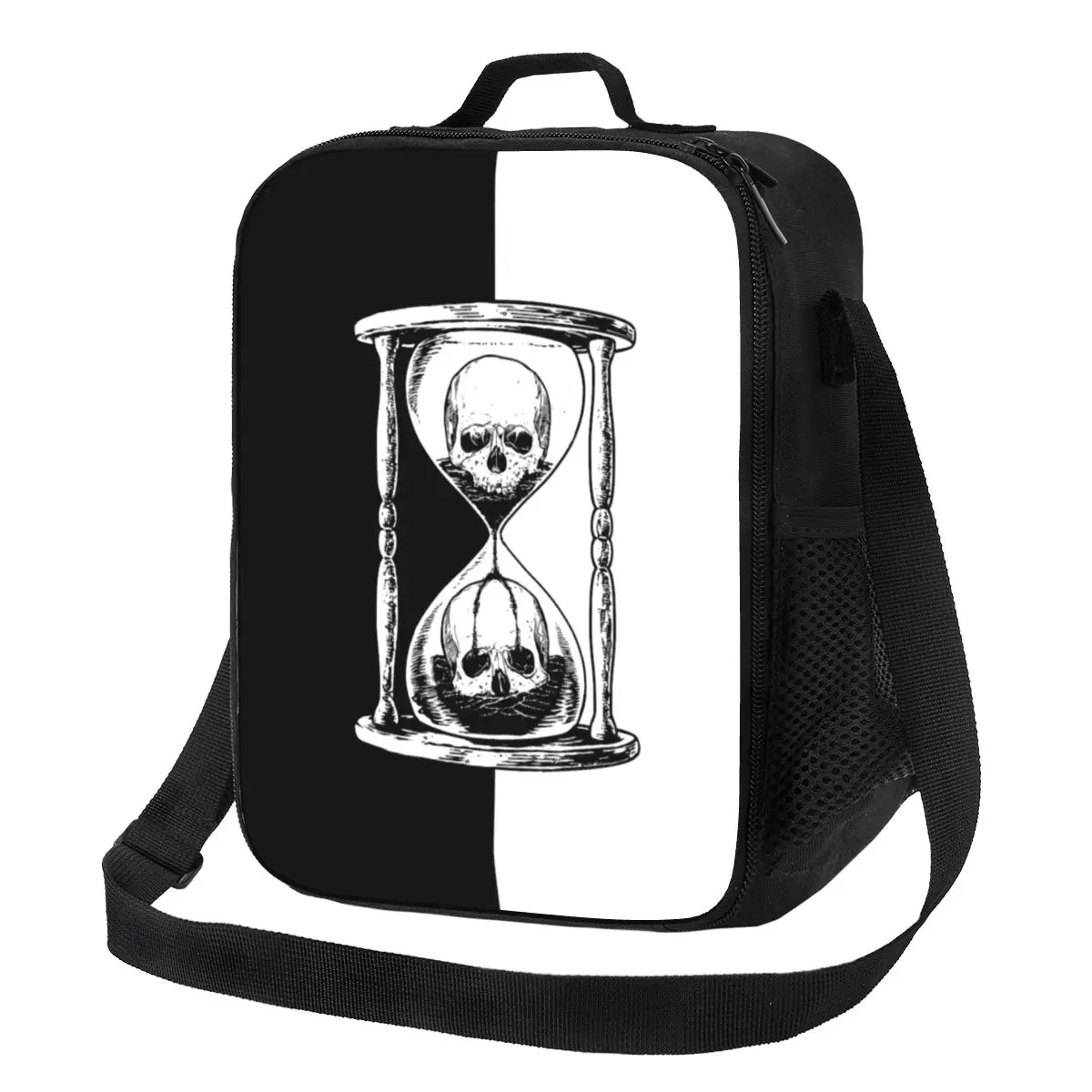 

Черно-белая Изолированная обеденная сумка Unus Annus с полулоготипом для школы и офиса, память о Мори Итан Марк, песочные часы, термальный Ланч-б...