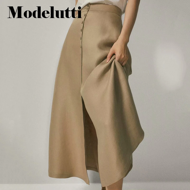 

Modelutti 2022 New Spring Summer Fashion Breasted Slit Linen Skirt Women Solid Color All-match Simple Casual Bottoms Female